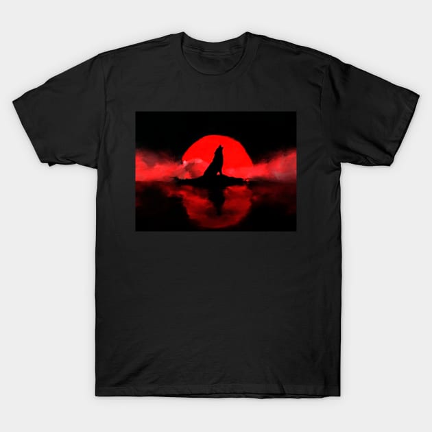 Wolf Wolves Blood Moon Lake Clouds Howling T-Shirt by druidwolfart